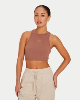 Damska koszulka typu crop top w stylu racer – kolor brązowy „acorn”