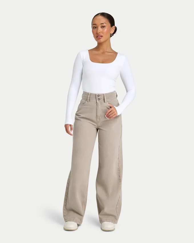 Dżinsy damskie wide leg – kolor kamienny Dżinsy damskie wide leg – kolor kamienny